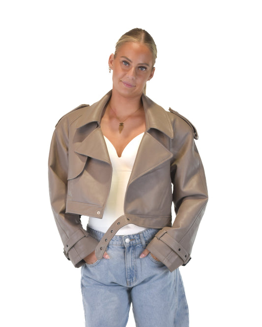 Leather Cropped Trench Coat - Taupe