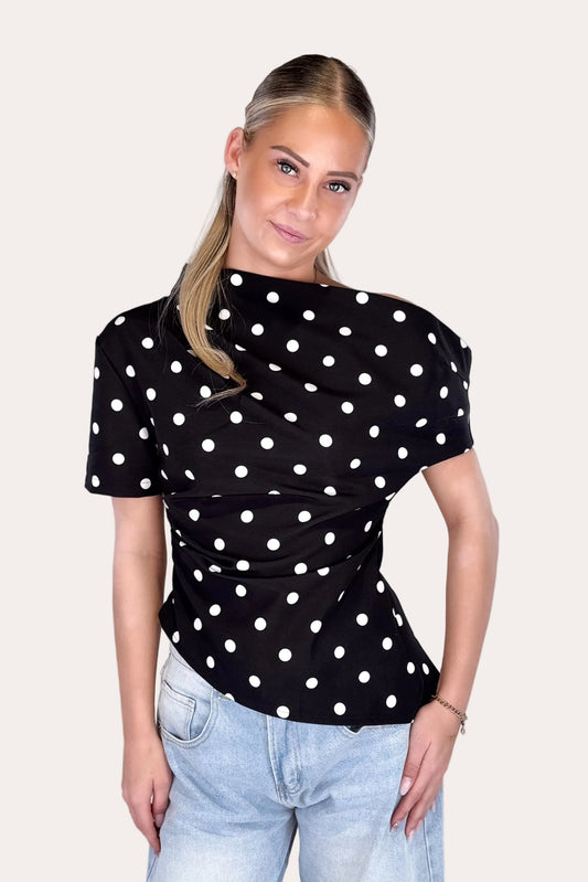 One Shoulder Top Polkadot - Black