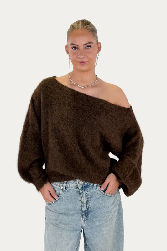 One Shoulder Mohair Sweater - Brown