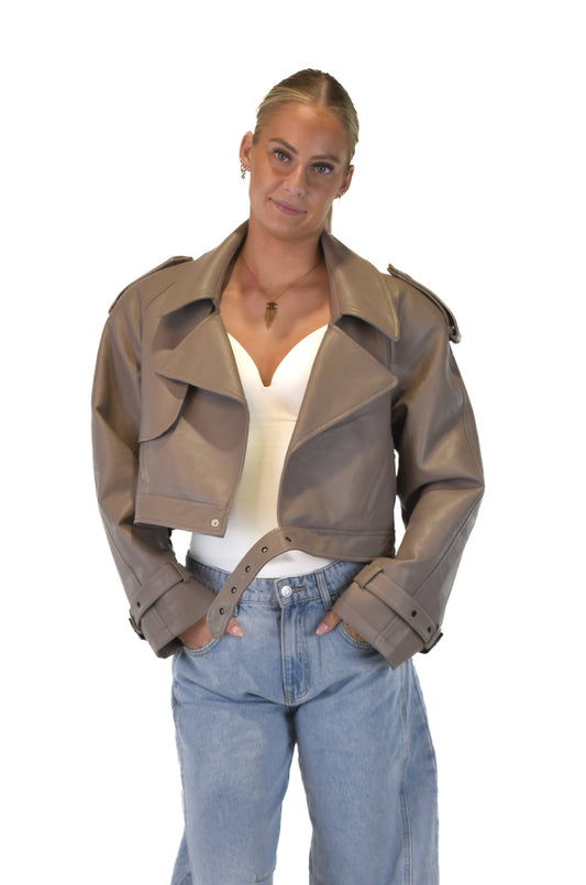 Leather Cropped Trench Coat - Taupe