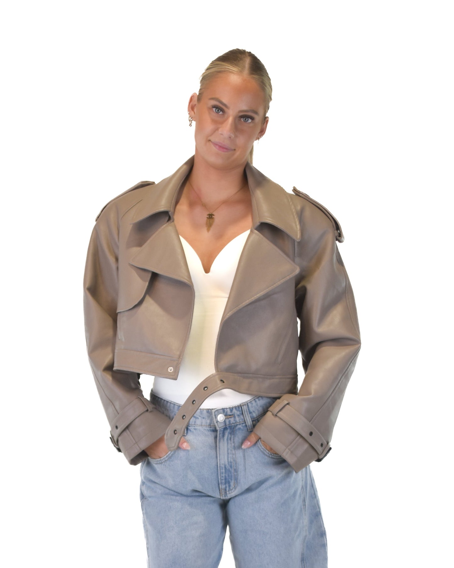 Leather Cropped Trench Coat - Taupe