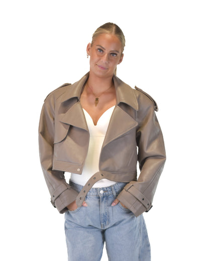 Leather Cropped Trench Coat - Taupe