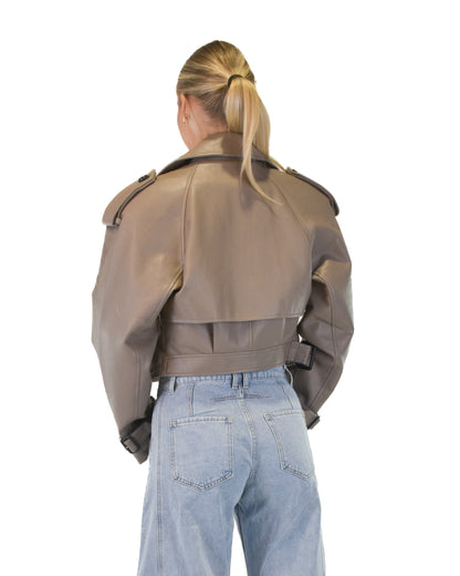 Leather Cropped Trench Coat - Taupe
