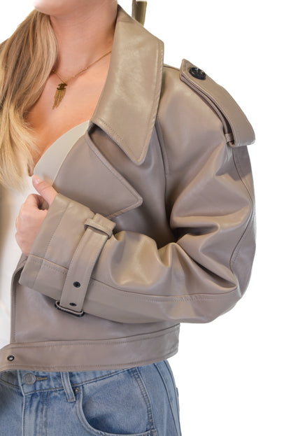 Leather Cropped Trench Coat - Taupe
