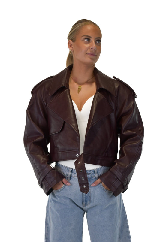Leather Cropped Trench Coat - Bordeaux