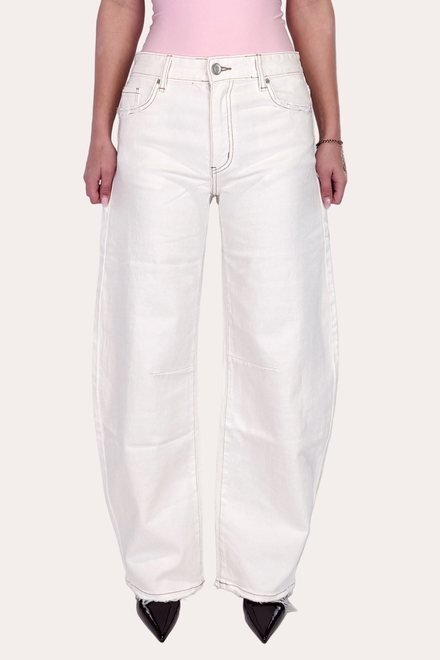 Mid Waist Balloon Jeans - White