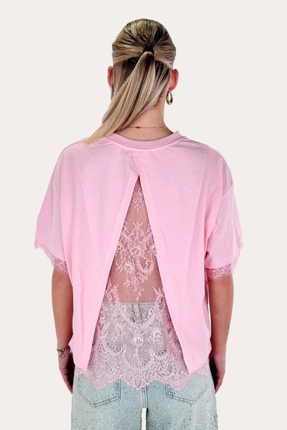 Open Back Lace Tee - Pink