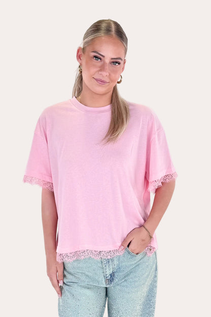 Open Back Lace Tee - Pink