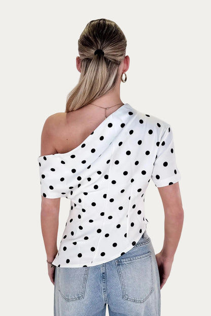 One Shoulder Top Polkadot - White