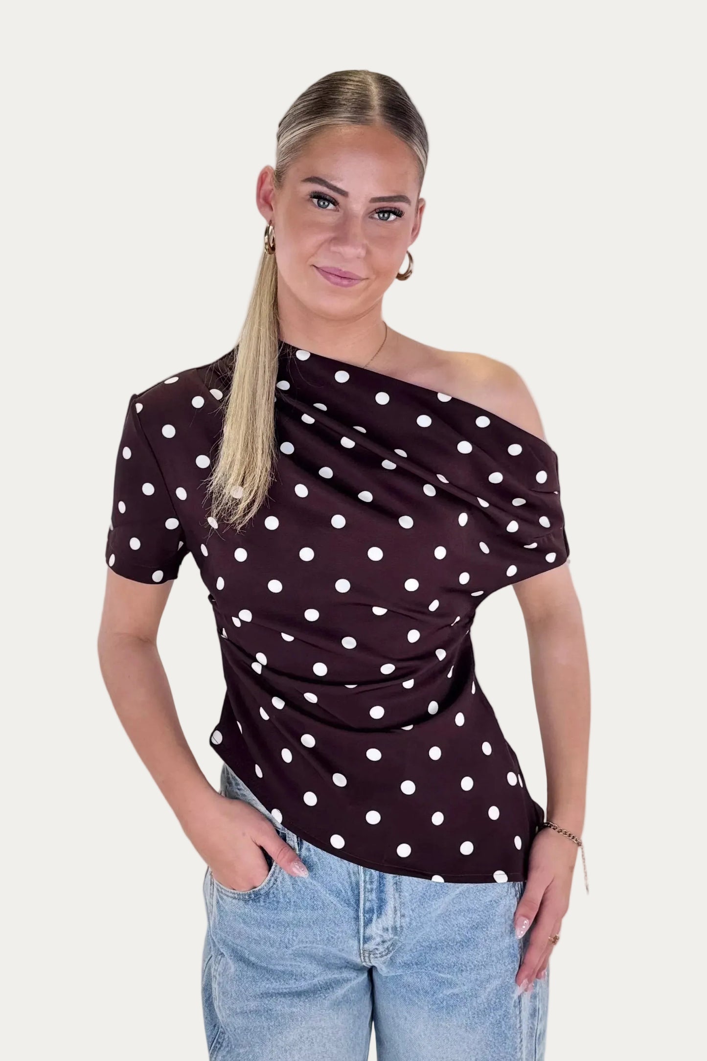 One Shoulder Top Polkadot - Brown