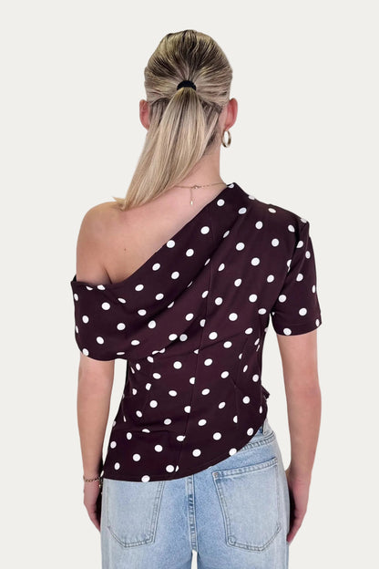 One Shoulder Top Polkadot - Brown