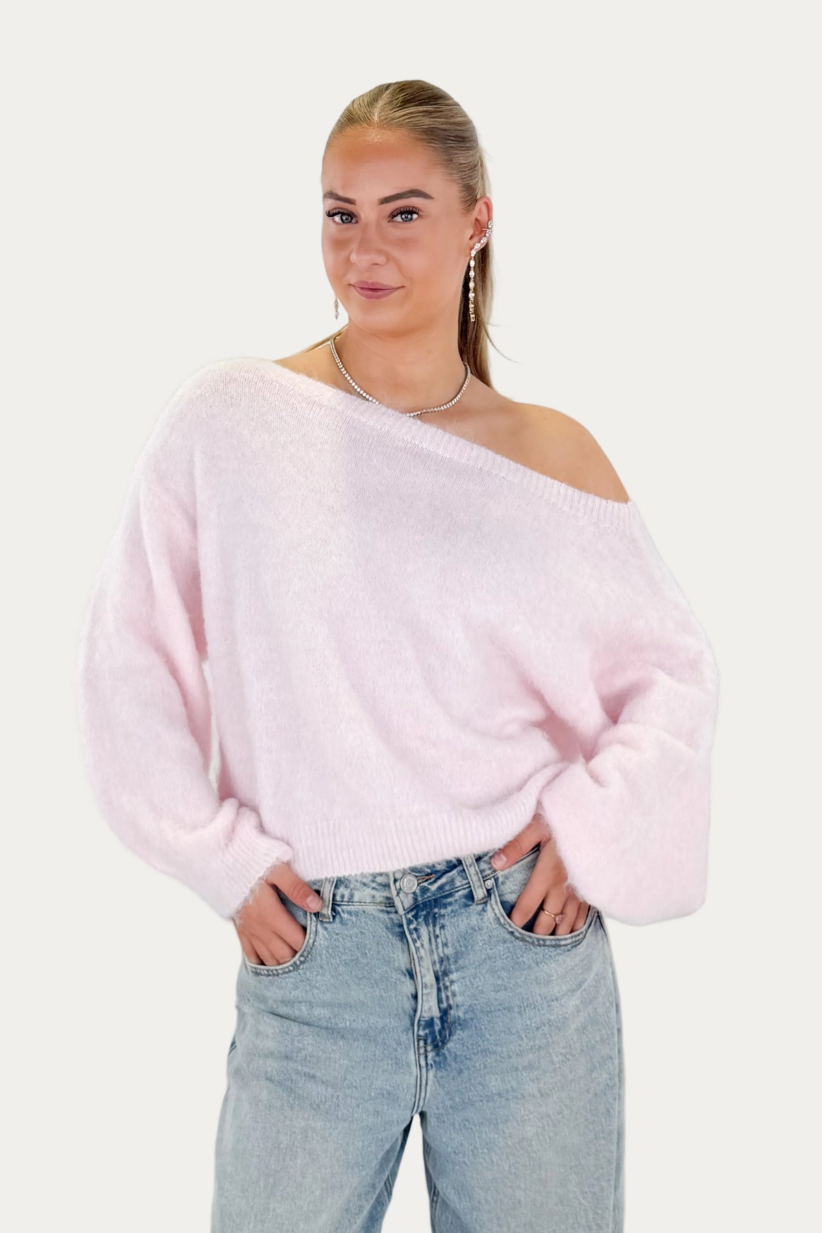 One Shoulder Mohair Sweater - Pink