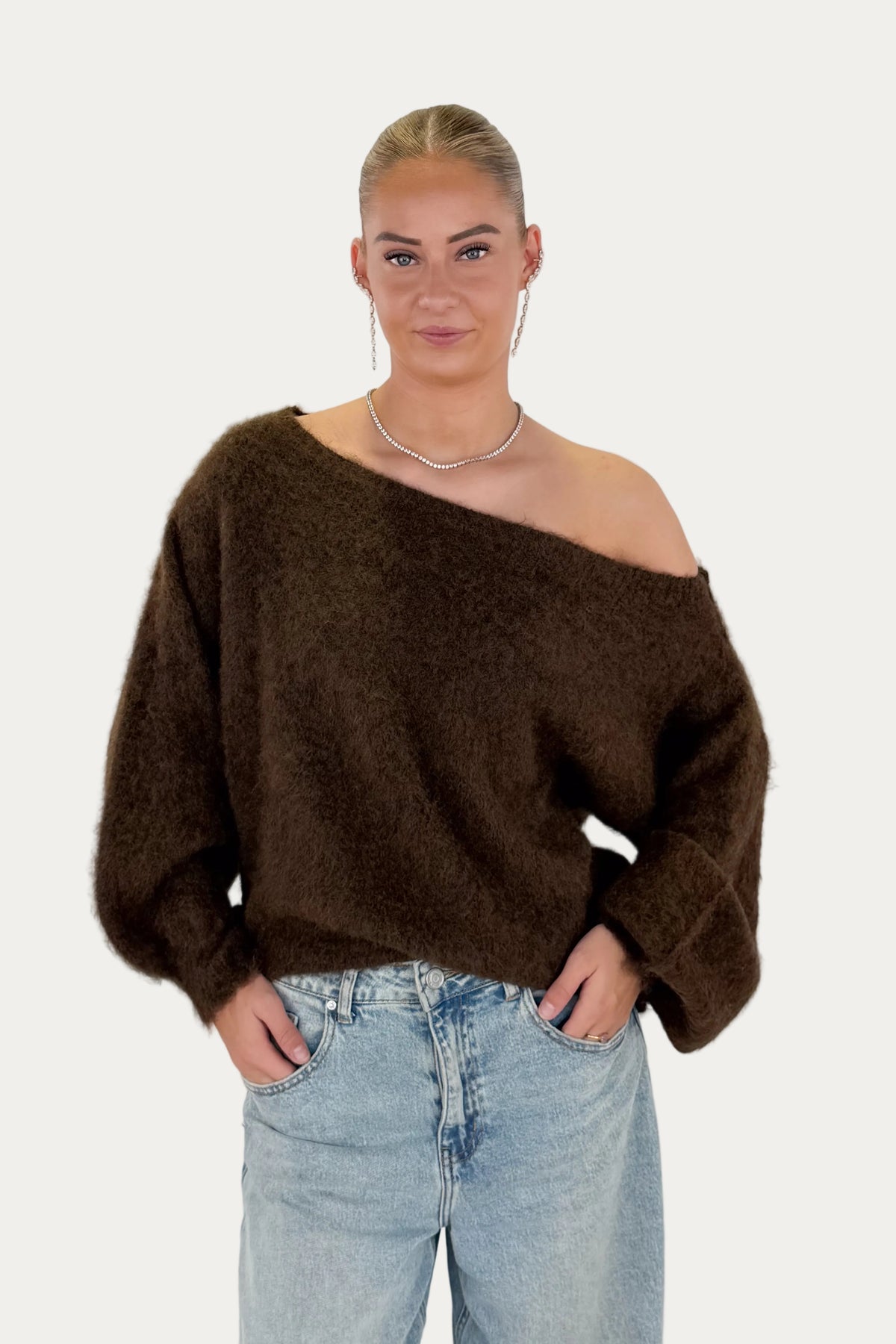 One Shoulder Mohair Sweater - Brown