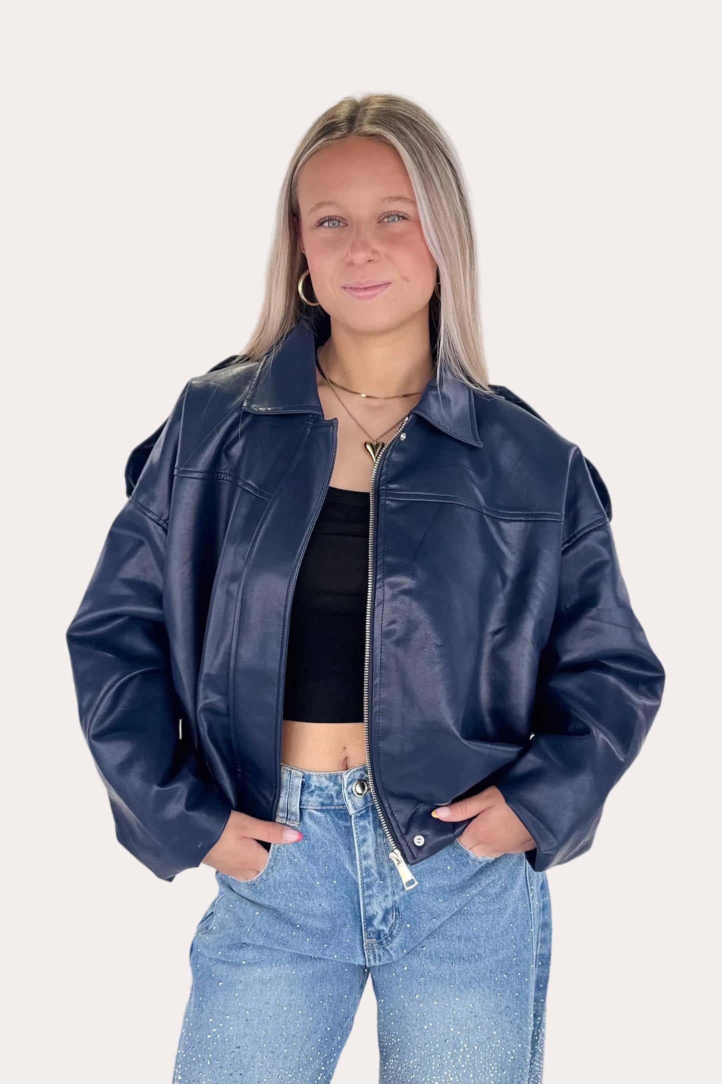 Leather Bomber Jacket - Navy