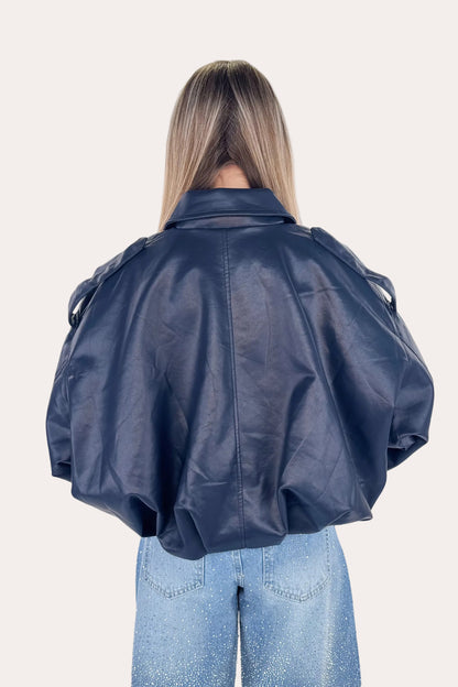Leather Bomber Jacket - Navy
