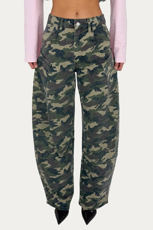 Glitter Sage Balloon Jeans - Camo