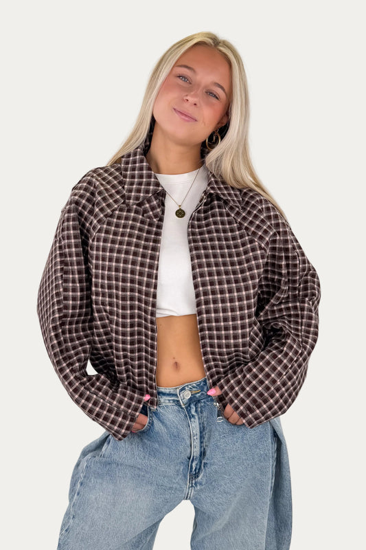 Checked Bomber Jacket - Brown