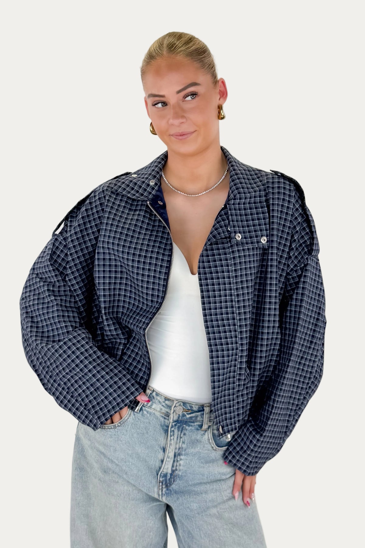 Checked Collar Jacket - Blue