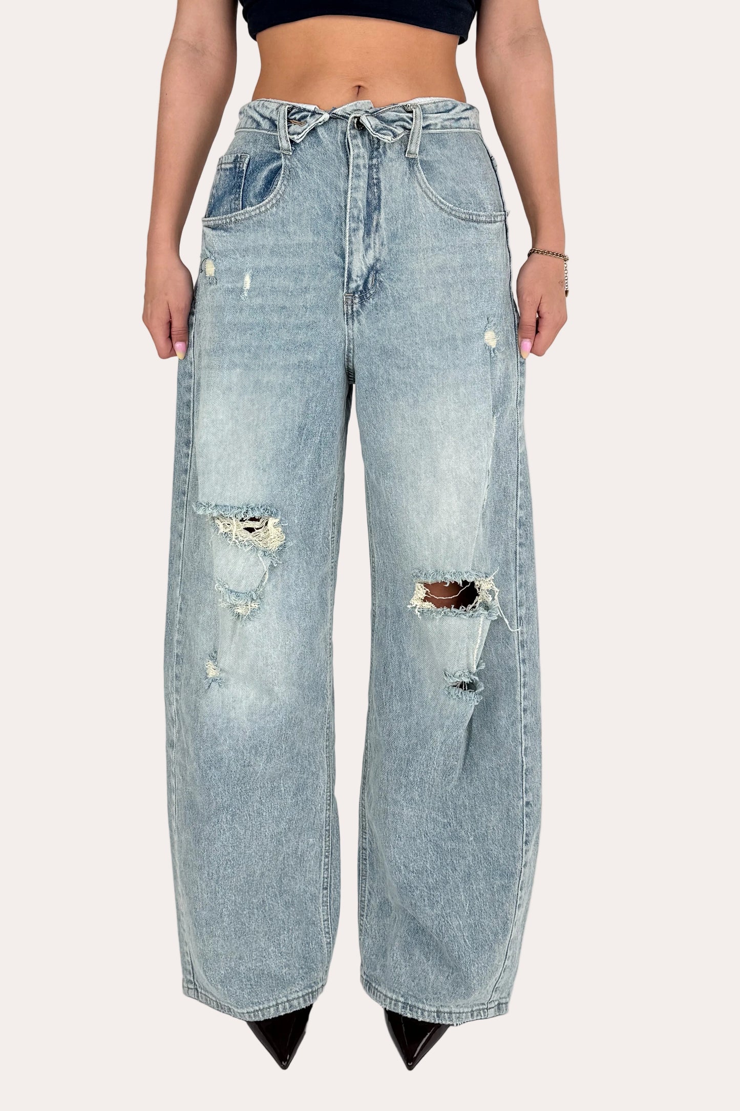 Ripped Folded Jeans - Light Blue