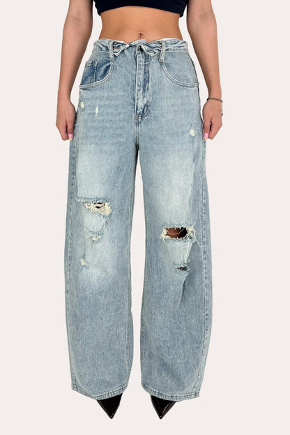 Ripped Folded Jeans - Light Blue