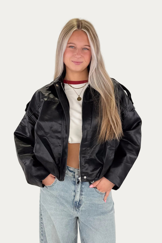 Leather Bomber Jacket - Black