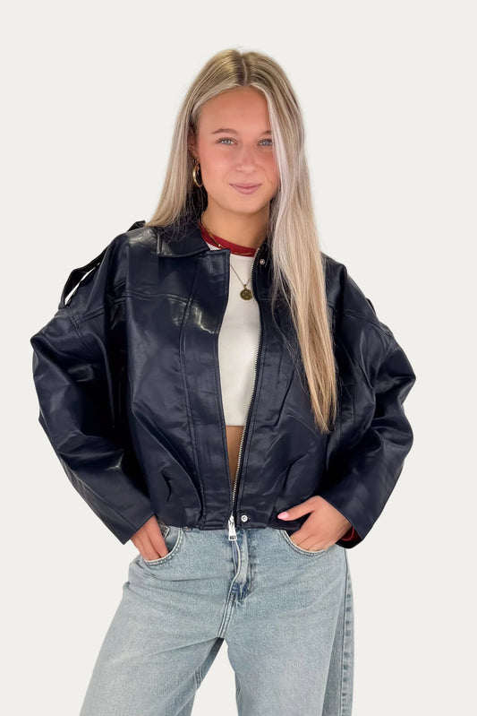 Leather Bomber Jacket - Navy