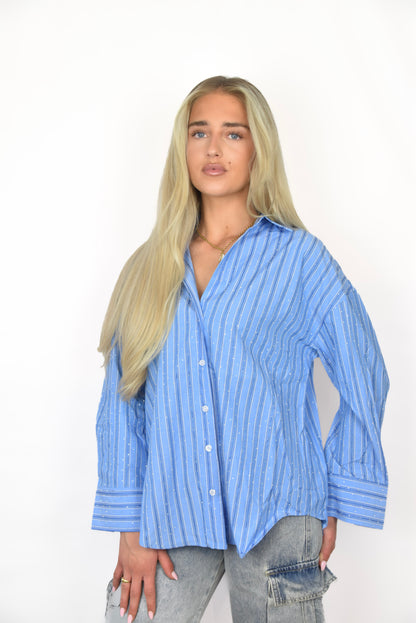 'June' Glitter Blouse Blue - blouse van Pretty in Pink. 