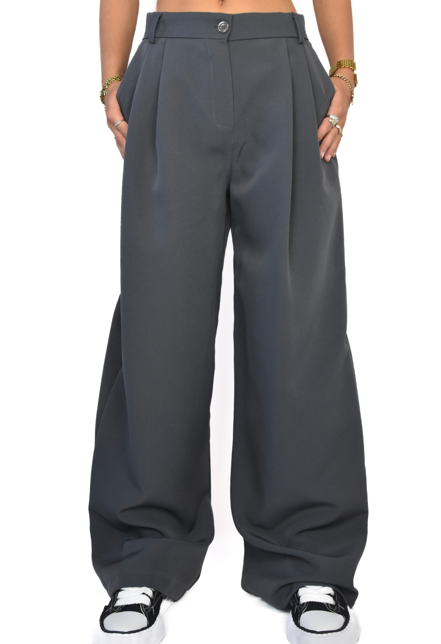 Plain Wide Leg Pantalon Donkergrijs - pantalon van Pretty in Pink. 