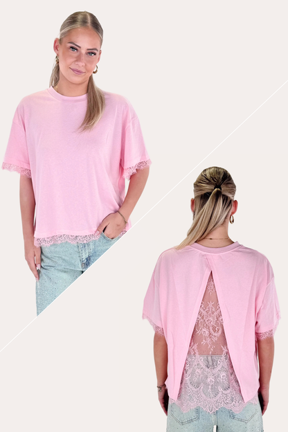 Open Back Lace Tee - Pink